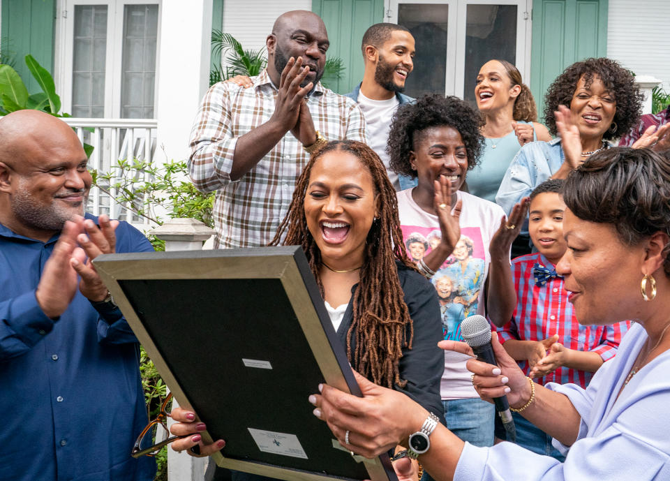 <p>New Orleans mayor LaToya Cantrell presents director Ava DuVernay with a key to the city on July 20, declaring it <em>Queen Sugar </em>Day as well, in honor of the OWN series' contributions to the city. </p>