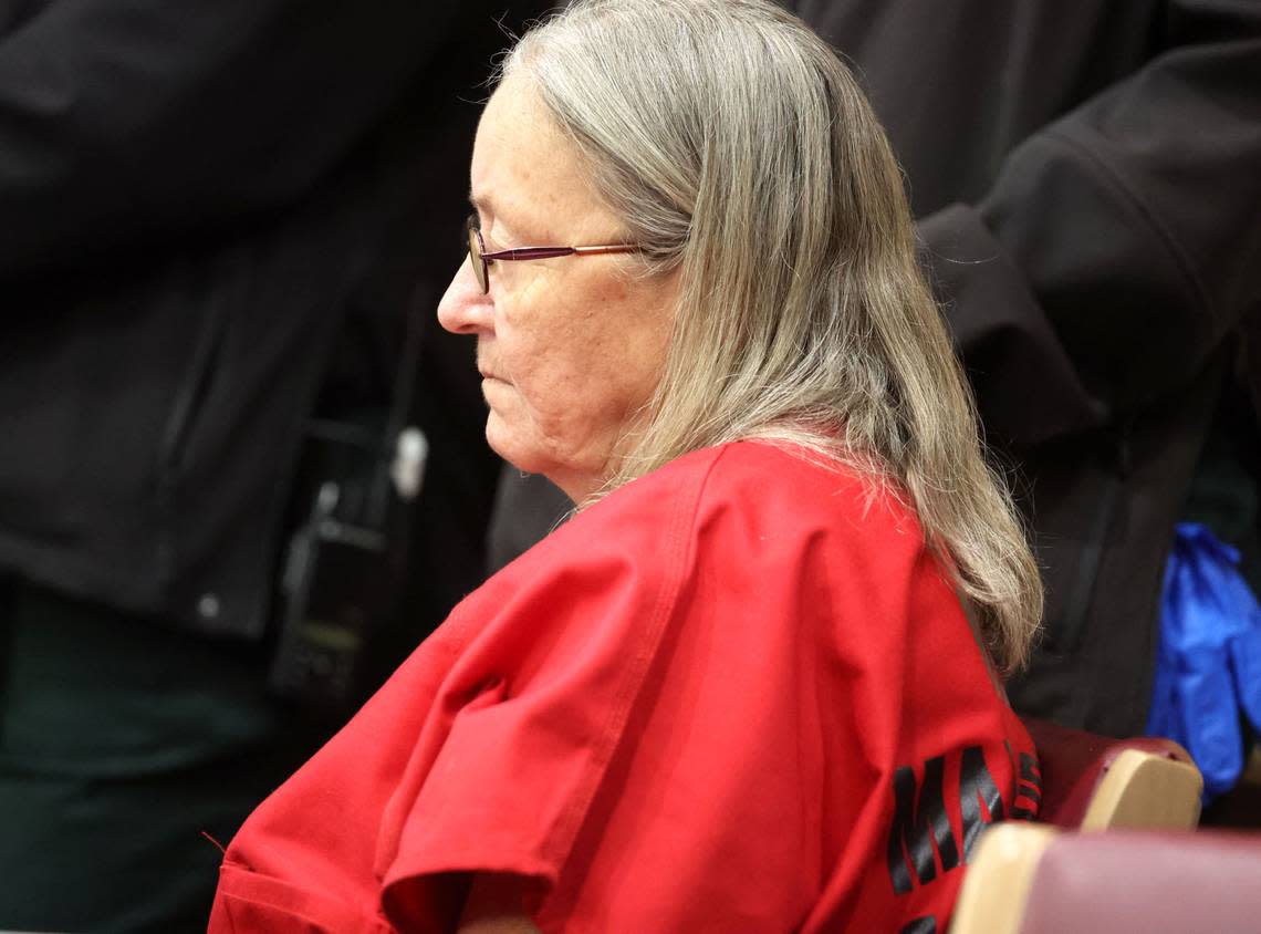 Terry McKirchy, the babysitter charged with murder for the death of a 35-year-old man she allegedly permanently injured by shaking him as a 5-month-old in the 1980s, shows no emotion as the family of her victim plays a video of his life during a hearing at the Broward County Courthouse in Fort Lauderdale on Wednesday, Aug. 21, 2024. (Carline Jean/South Florida Sun Sentinel)