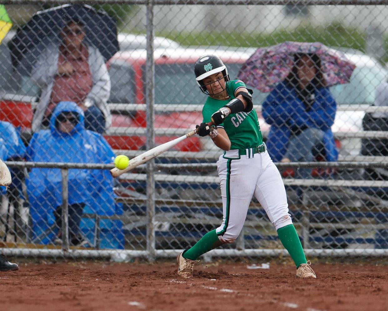May 9, 2024; Danville, Ohio, USA; Newark Catholic's Kami Diaz (22) with a strike during the second round of the Division IV district softball tournament game at Danville High School. Play was stopped in the fourth inning due to heavy rain with Danville leading 5-0. Mandatory Credit: Graham Stokes-The Columbus Dispatch