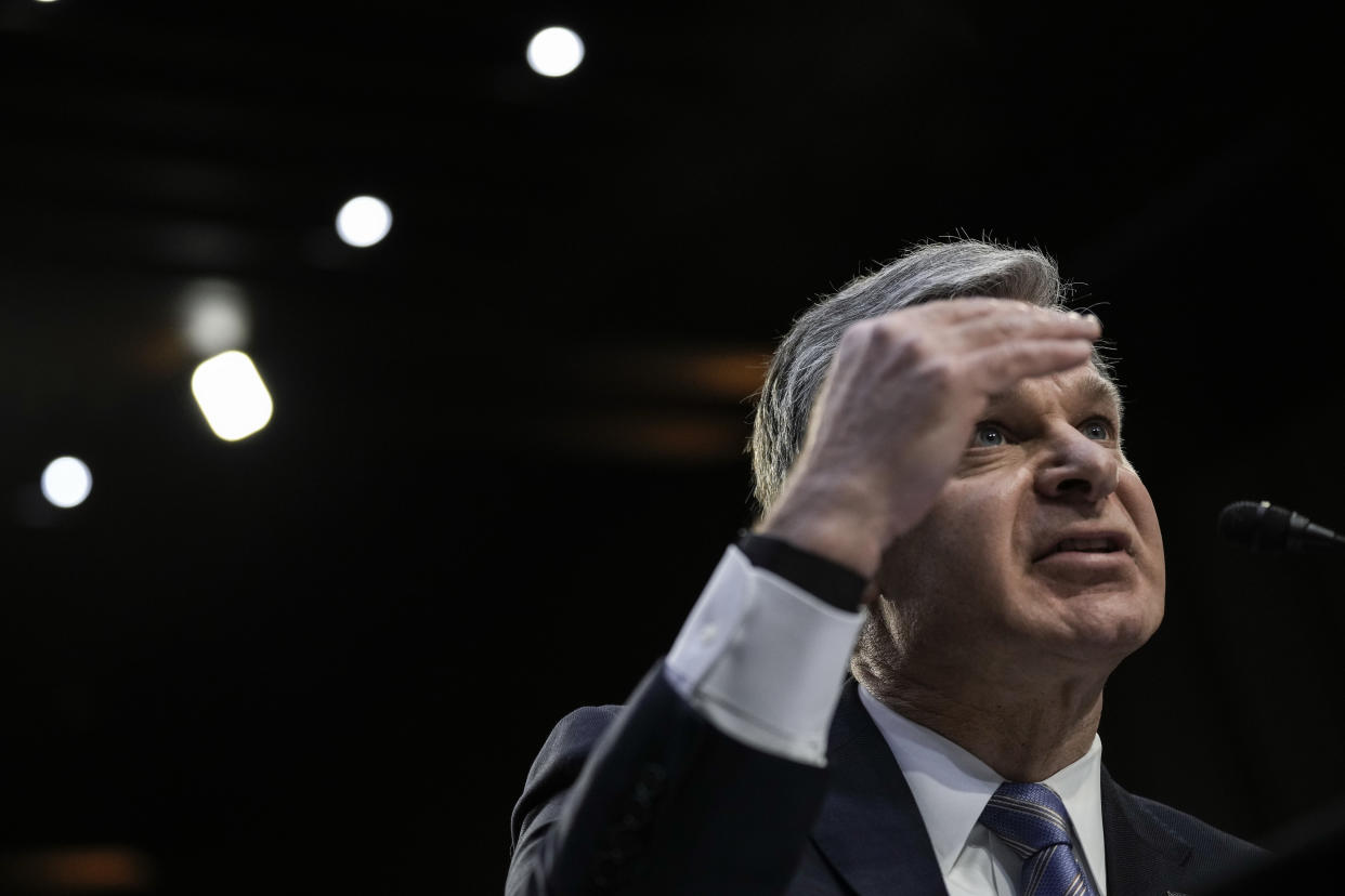 WASHINGTON, DC - MARCH 8: FBI Director Christopher Wray testifies during a Senate Intelligence Committee hearing concerning worldwide threats, on Capitol Hill March 8, 2023 in Washington, DC. The leaders of the intelligence agencies testified on a wide range of issues, including China, Covid-19 origins, and TikTok. (Photo by Drew Angerer/Getty Images)