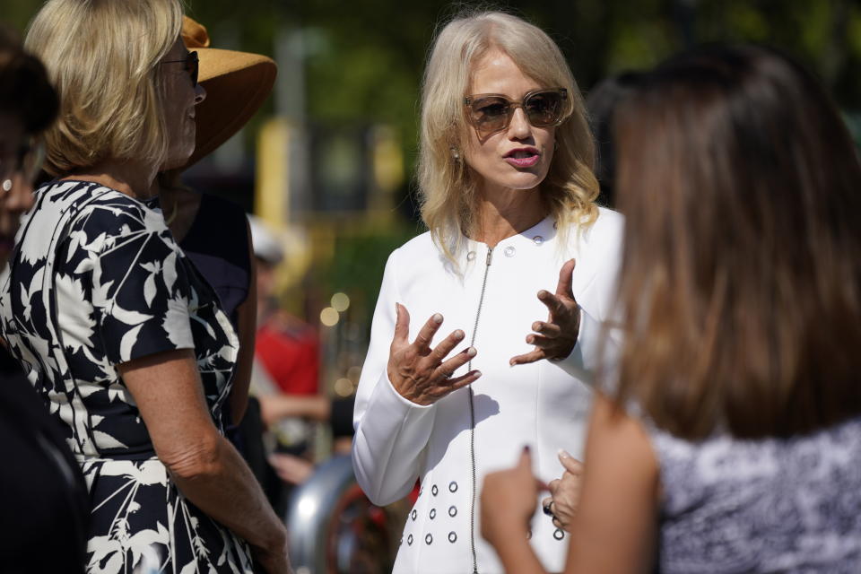 Kellyanne Conway attends an event for an exhibit of artwork by young Americans in celebration of the 100th anniversary of the 19th amendment which afforded the vote to women, in front of the White House in Washington, Monday, Aug. 24, 2020. (AP Photo/J. Scott Applewhite)