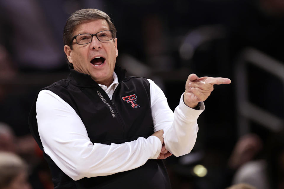 Texas Tech coach Mark Adams gestures during the first half of the team's NCAA college basketball game against Tennessee in the Jimmy V Classic on Tuesday, Dec. 7, 2021, in New York. (AP Photo/Adam Hunger)