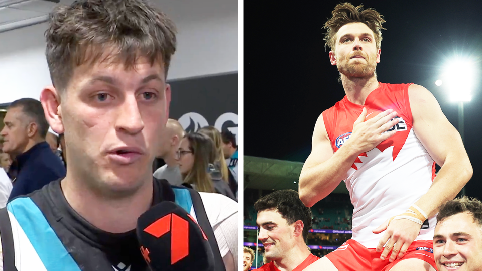 Dane Rampe has found support from Port Adelaide star Zak Butters after suggestions he could be in trouble for a stray elbow in the Swans' victory over Port Adelaide. (Images: Channel 7/Getty Images)