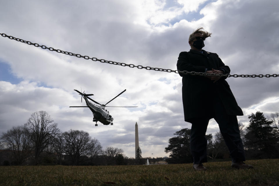 Marine One, carrying President Joe Biden, departs the South Lawn to visit wounded troops at Walter Reed National Military Medical Center, Friday, Jan. 29, 2021, in Washington. (AP Photo/Evan Vucci)