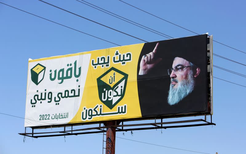 A view shows an electoral campaign billboard depicting Hezbollah leader Sayyed Hassan Nasrallah, in Baalbeck