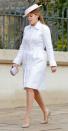 <p>In one of her more modest looks, Beatrice wore a simple white coat and neutral disk-shaped hat <a href="https://www.townandcountrymag.com/society/tradition/g19651280/photos-kate-middleton-royal-family-easter-2018/" rel="nofollow noopener" target="_blank" data-ylk="slk:to the Easter Sunday church service;elm:context_link;itc:0;sec:content-canvas" class="link ">to the Easter Sunday church service</a> at St George's Chapel.</p>