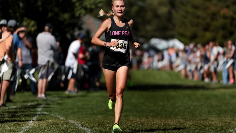 Andie Aagard of Lone Peak, shown here at the Border Wars XC meet at Sugar House Park in Salt Lake City on Saturday, Sept. 16, 2023, was the top qualifier for state on Tuesday at the 6A divisional meet.