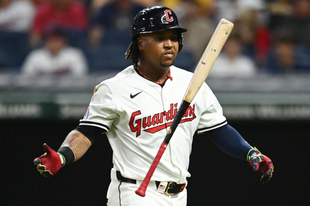 Aug 31, 2024; Cleveland, Ohio, USA; Cleveland Guardians third baseman Jose Ramirez (11) reacts after striking out during the ninth inning against the Pittsburgh Pirates at Progressive Field. Mandatory Credit: Ken Blaze-USA TODAY Sports