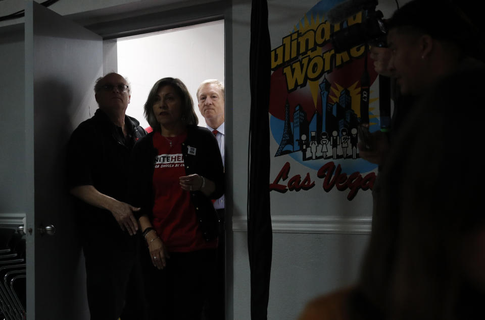 Democratic presidential candidate and businessman Tom Steyer waits to speak at a Culinary Workers Union hall Thursday, Jan. 16, 2020, in Las Vegas. (AP Photo/John Locher)