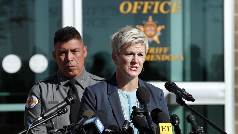 Santa Fe District Attorney Mary Carmack-Altwies speaks at October 27 news conference as Santa Fe County Sheriff Adan Mendoza listens. - Credit: Andres Leighton/AP