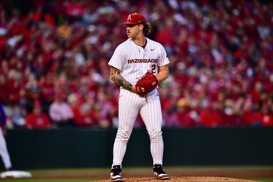 Mason Molina prepares to deliver a pitch in the Arkansas baseball game against LSU Friday, March 29, 2024.