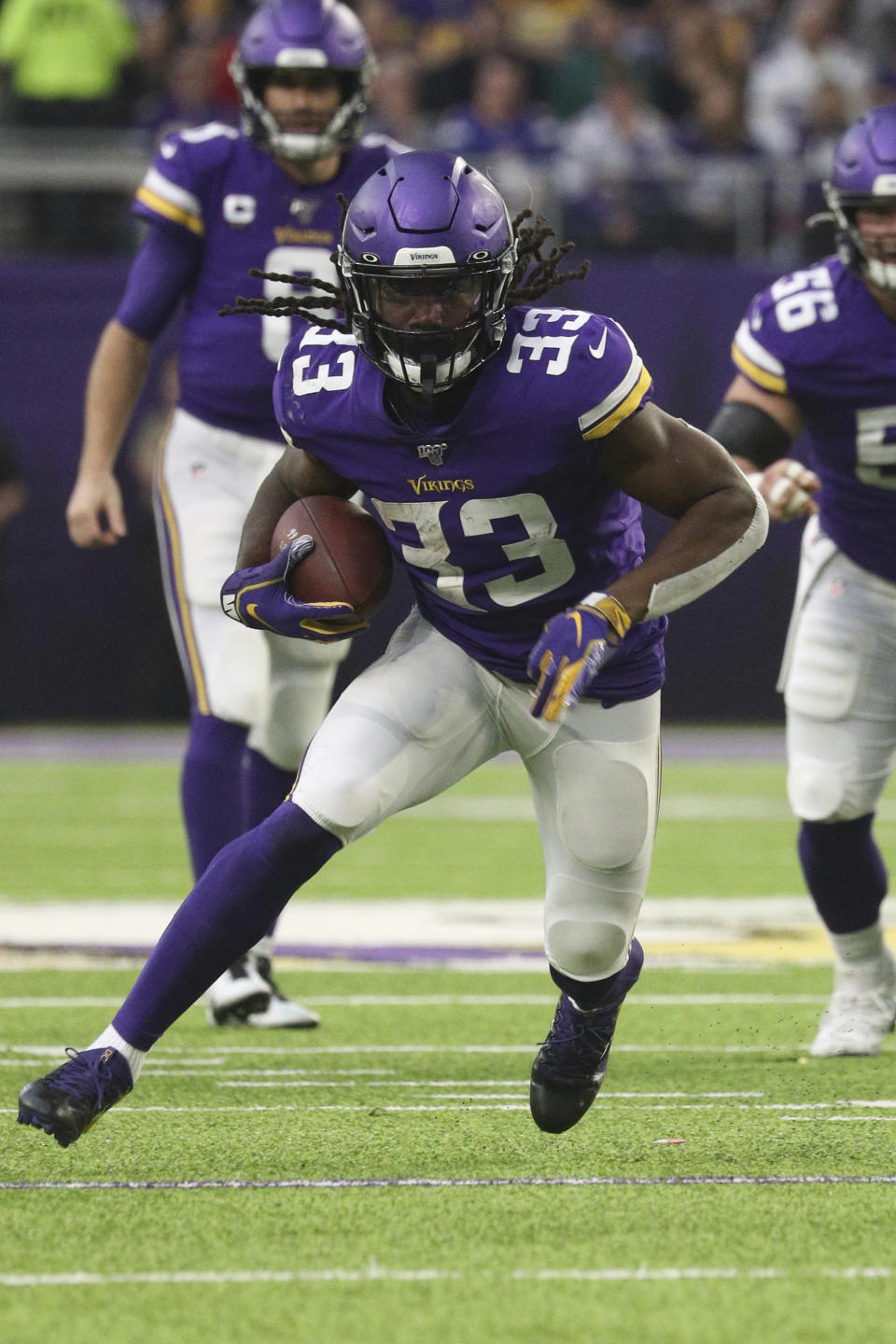 Minnesota Vikings running back Dalvin Cook (33) carries the ball in an NFL game against the Detroit Lions, Sunday, Dec. 8, 2019 in Minneapolis. The Vikings defeated the Lions 20-7. (Margaret Bowles via AP)