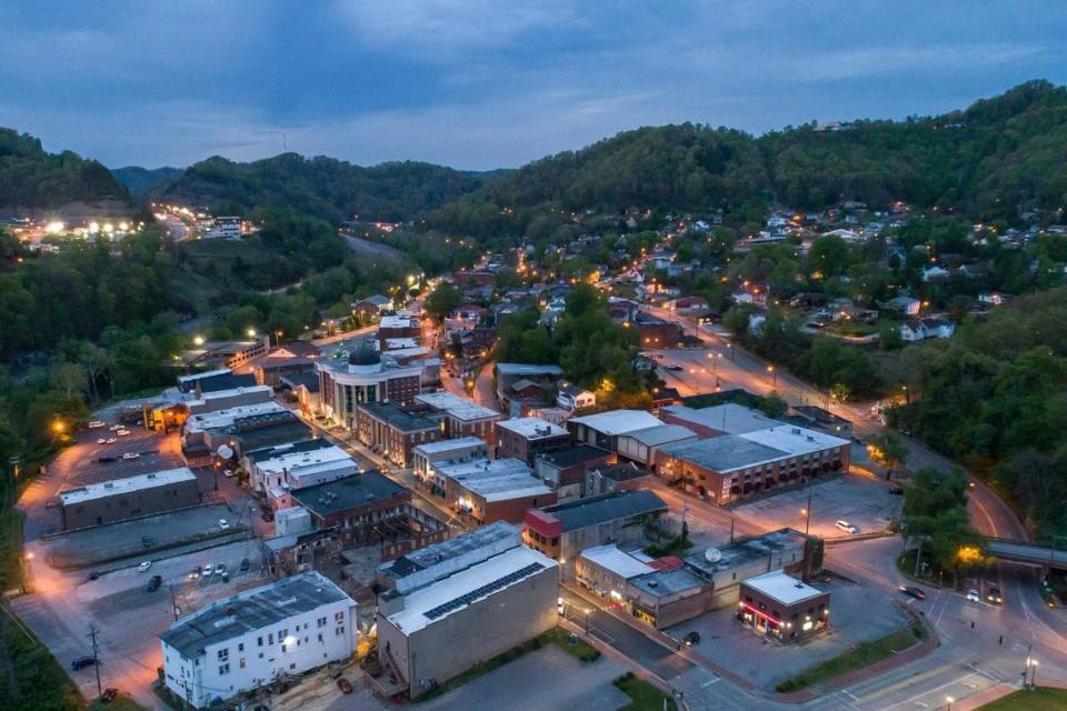 Dusk falls over downtown Hazard, Ky., on Thursday, April 28, 2022.