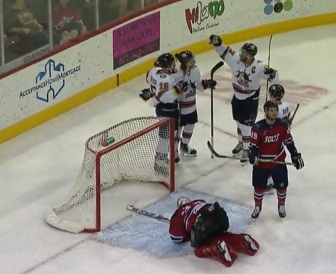 The Peoria Rivermen celebrate a goal from winger Mitch McPherson for a 4-0 lead over Evansville in Game 1 of the SPHL semifinals on Wednesday, April 17, 2024 at Ford Center in Evansville, Ind.