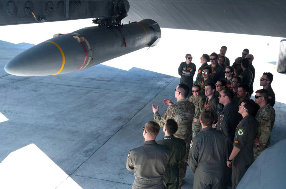A live AGM-183A ARRW hypersonic missile under the wing of a B-52H bomber at Andersen Air Force Base on Guam on February 27, 2024. <em><em>U.S. Air Force</em></em>