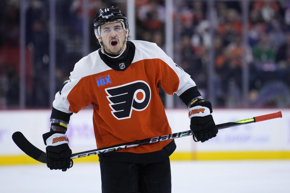 Philadelphia Flyers' Travis Konecny reacts during the second period of an NHL hockey game against the Carolina Hurricanes, Tuesday, Nov. 28, 2023, in Philadelphia. (AP Photo/Matt Slocum)