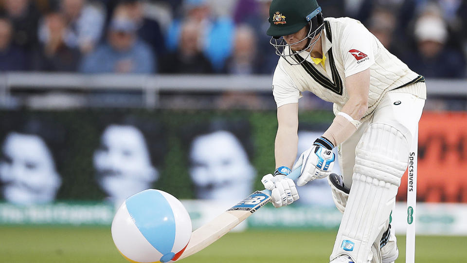 Steve Smith, pictured batting away a beach ball, won cheers from the usually hostile English fans.