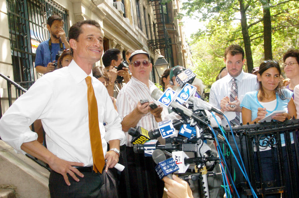 Rep. Anthony Weiner, who was facing a possible run-off election with Fernando Ferrer for the Democratic mayoral nomination, concedes the race during a news conference outside his parents' home in Park Slope, Brooklyn on January 1, 2002.&nbsp;