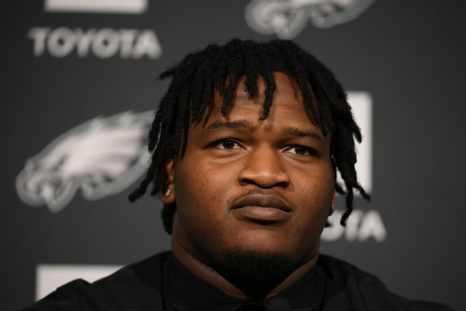 Newly drafted Philadelphia Eagles' Jalen Carter speaks during a news conference at the NFL football team's training facility, Friday, April 28, 2023, in Philadelphia. (AP Photo/Matt Slocum)