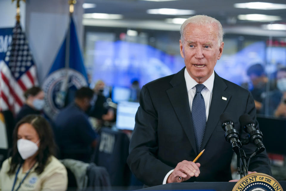 President Joe Biden speaks at the National Response Coordination Center at FEMA headquarters, Sunday, Aug. 29, 2021, in Washington. Hurricane Ida blasted ashore Sunday as one of the most powerful storms ever to hit the U.S.(AP Photo/Manuel Balce Ceneta)