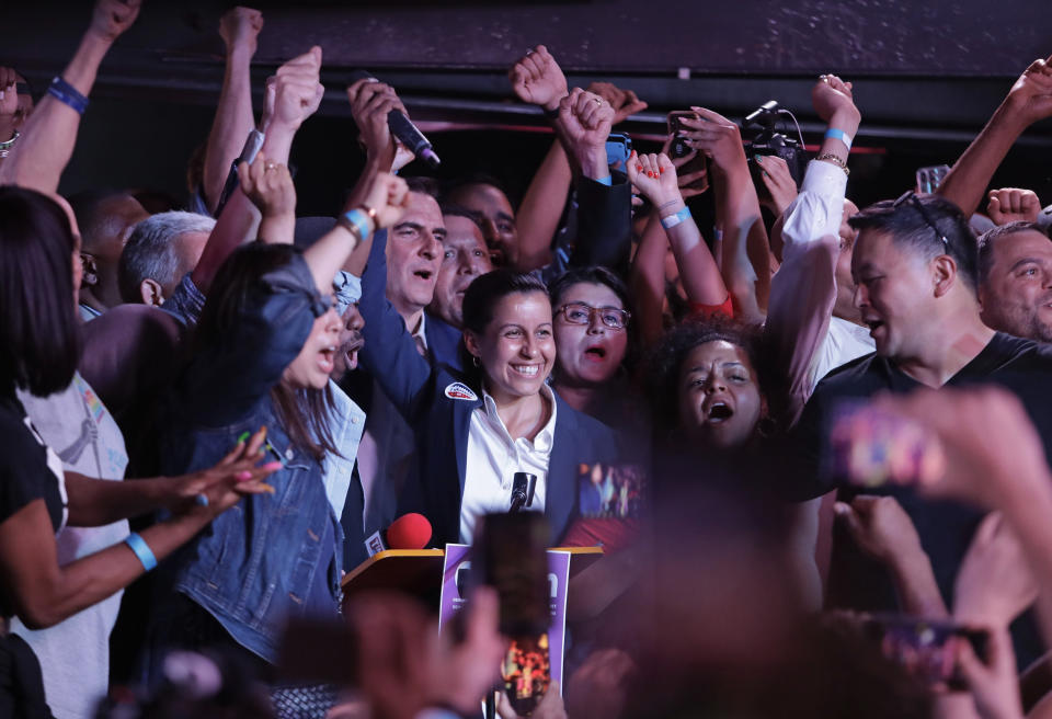 Queens district attorney candidate Tiffany Caban reacts as she is greeted by supporters Tuesday, June 25, 2019, in the Queens borough of New York. (AP Photo/Frank Franklin II)