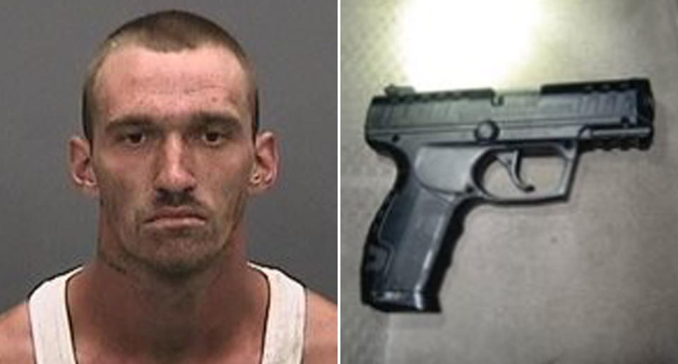 Matthew Erris, 26, was arrested after allegedly trying to pull over an undercover detective while pretending to be a police officer. On the right is a picture of a rifle found in his car. Source: Hillsborough County Sheriff's Office