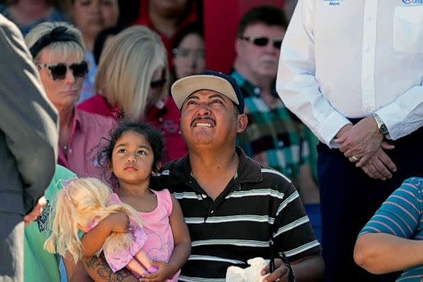 PHOTO: Mass shooting survivor Wilson Garcia looks up to the sky during a vigil for his son Daniel Enrique Laso, 9, April 30, 2023, in Cleveland, Texas. (David J. Phillip/AP)