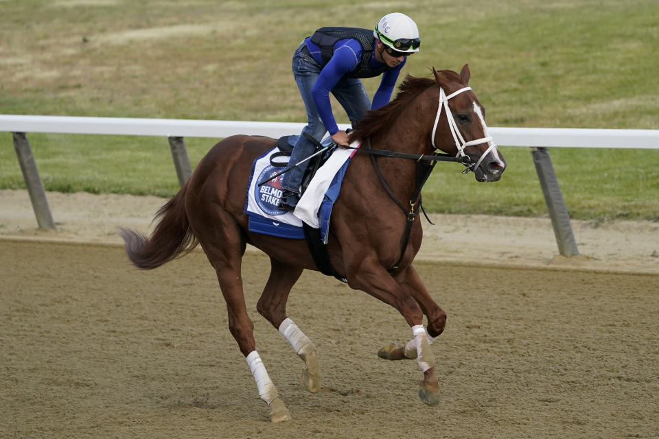 Tapit Shoes trains ahead of the Belmont Stakes horse race, Friday, June 9, 2023, at Belmont Park in Elmont, N.Y. (AP Photo/John Minchillo)