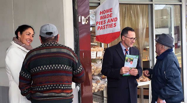 Greens leader Richard Di Natale campaigning with Batman contender Alex Bhathal Source: AAP