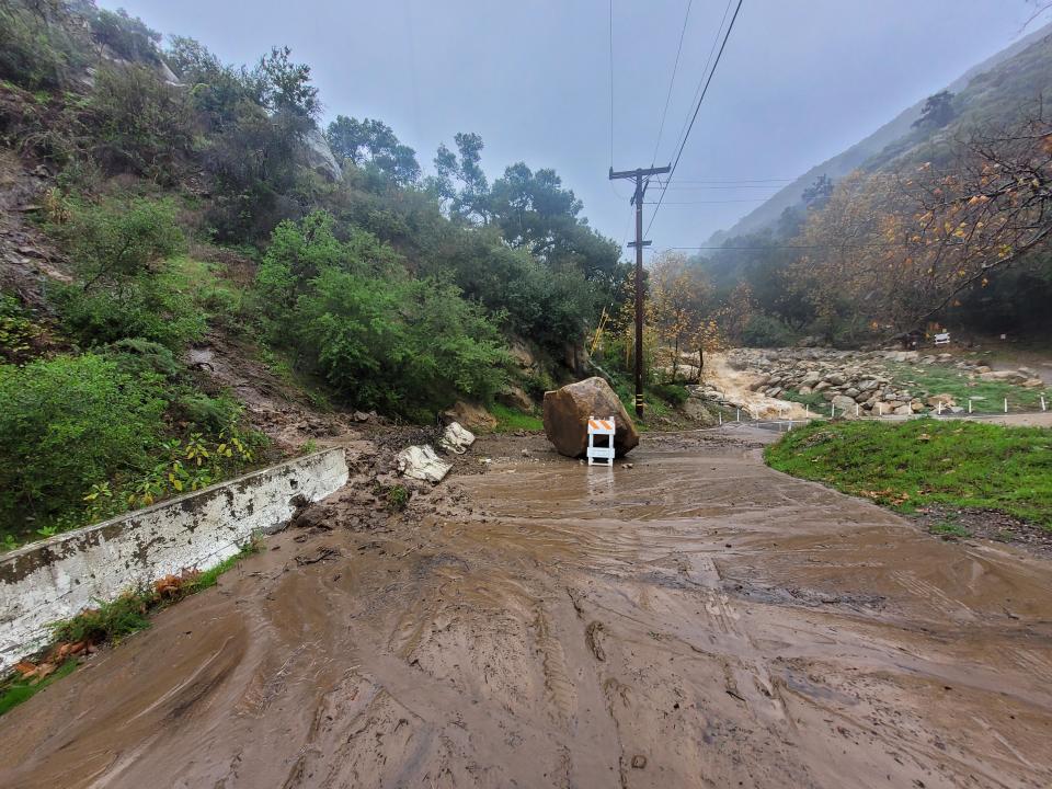 A blocked roadway in Santa Barbara County, California on 19 February 2024 (Santa Barbara County Public Works Department)
