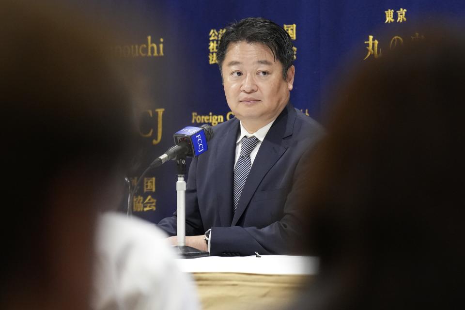 Kotaro Nagasaki, governor of the Yamanashi Prefecture, speaks on the overcrowding tourism at Mount Fuji during a news conference at the Foreign Correspondents' Club of Japan Monday, June 17, 2024, in Tokyo. (AP Photo/Eugene Hoshiko)