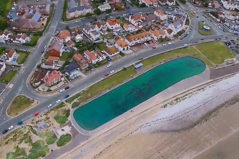 Aerial view of the boating lake with its new blue and turquoise look