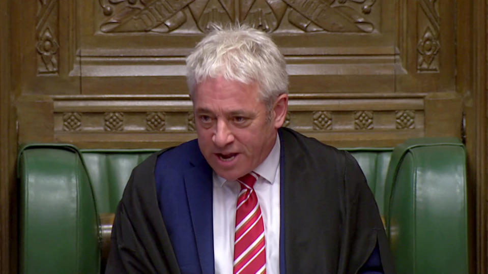 Speaker John Bercow is seen at the House of Commons in London, Britain, October 30, 2019, in this screen grab taken from video. Parliament TV via REUTERS