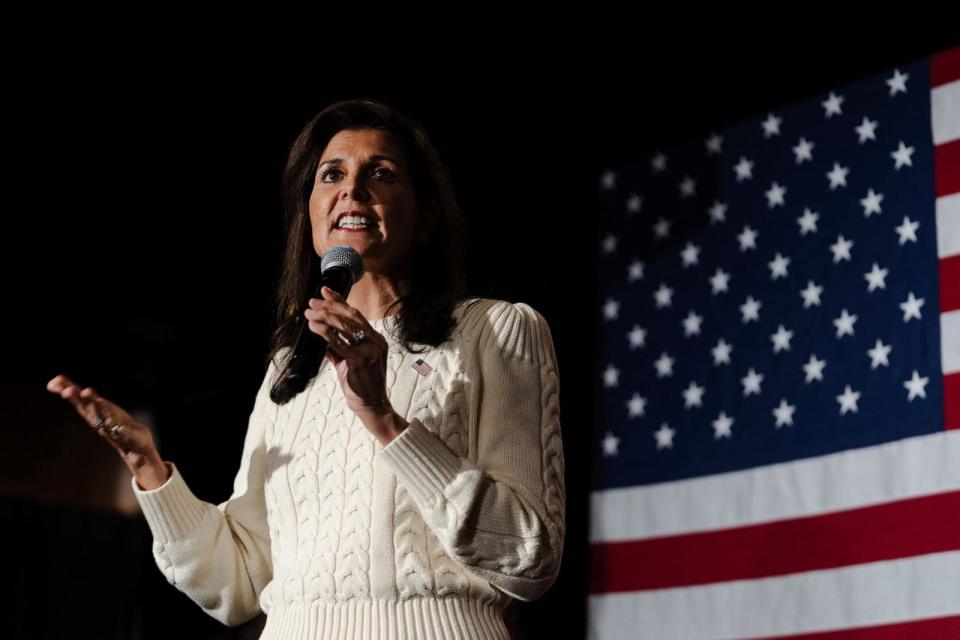 PHOTO: Nikki Haley, former ambassador to the United Nations and 2024 Republican presidential candidate, speaks during a town hall event at the Saddle Up Saloon, Jan. 3, 2024, in Kingston, N.H. (Sophie Park/Bloomberg via Getty Images)