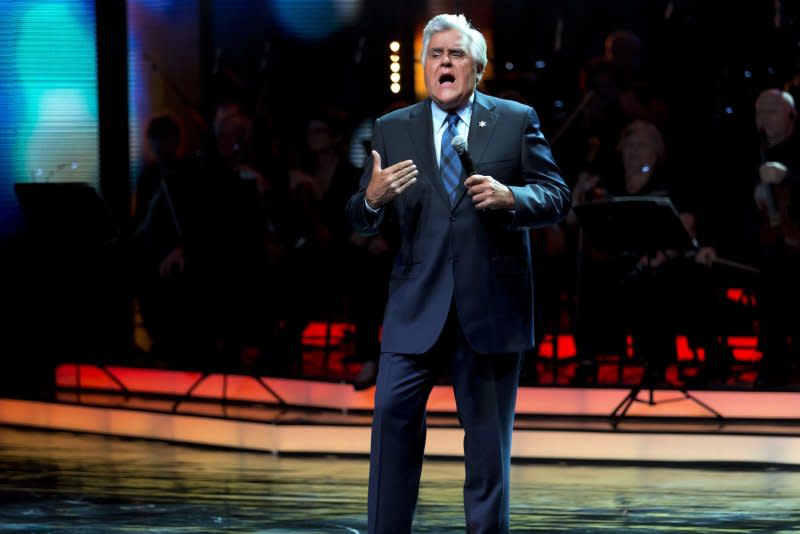 TV comedian Jay Leno hosts the Genesis Prize awards in Jerusalem on May 22, 2014. On February 6, Leno ended his 22-year stint as host of "The Tonight Show." File Photo by Jim Hollander/Pool