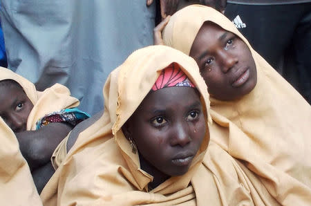 Some of the newly-released Dapchi schoolgirls are pictured in Jumbam village, Yobe State, Nigeria March 21, 2018. REUTERS/REUTERS/Ola Lanre