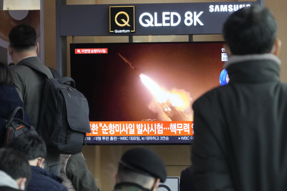 A TV screen shows a file image of North Korea's missile launch during a news program at the Seoul Railway Station in Seoul, South Korea, Friday, Feb. 24, 2023. North Korea on Friday said it test-fired long-range cruise missiles in waters off its eastern coast a day earlier, adding to a provocative streak in weapons demonstrations as its rivals step up military training. (AP Photo/Ahn Young-joon)