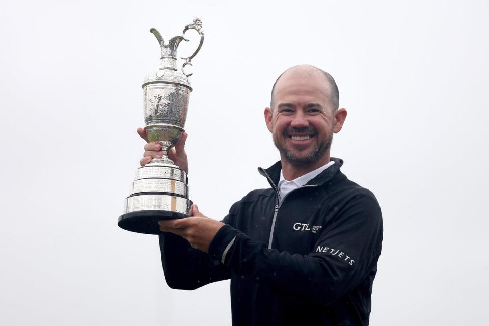 Brian Harman celebrates winning The Open Championship at Royal Liverpool (Getty)