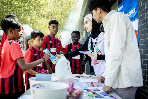 <span class="caption">De Montfort University students volunteering at Leicester Nirvana Football Club to promote the UN Sustainable Development Goals.</span> <span class="attribution"><span class="source">Mark Charlton</span>, <span class="license">Author provided</span></span>