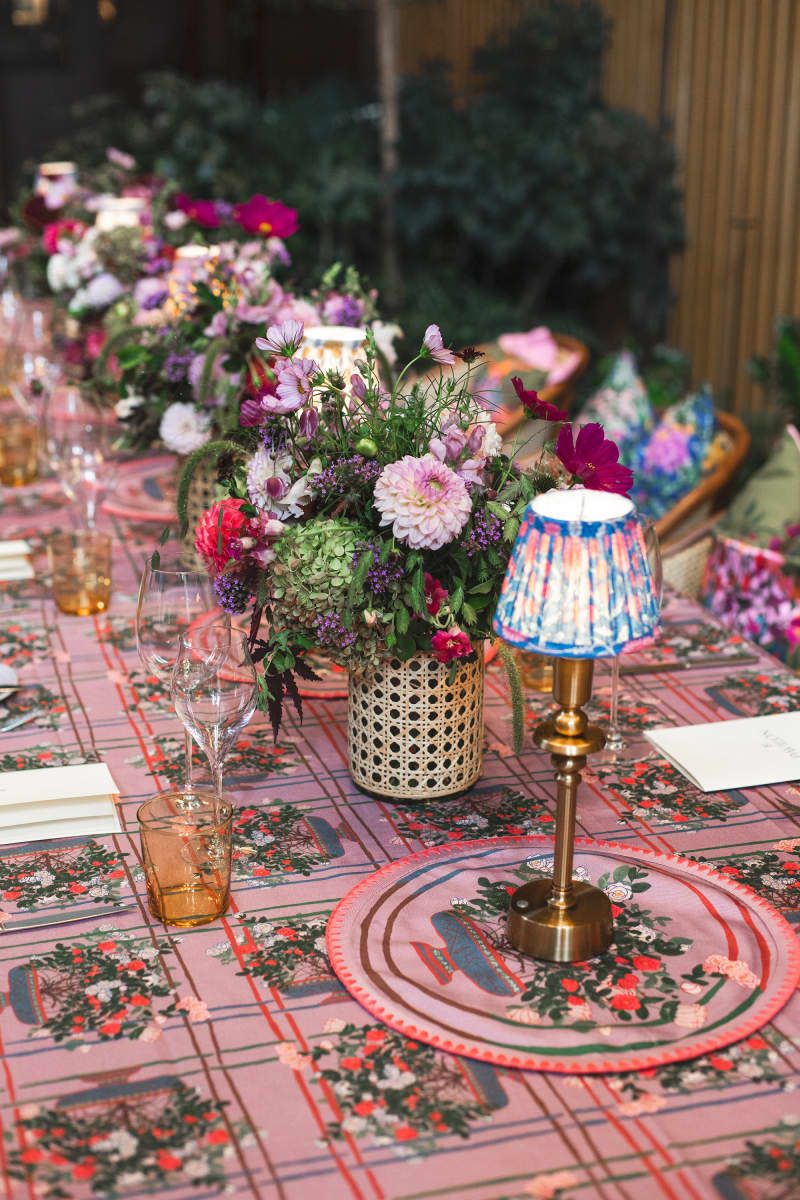 Pink patterned table scape.