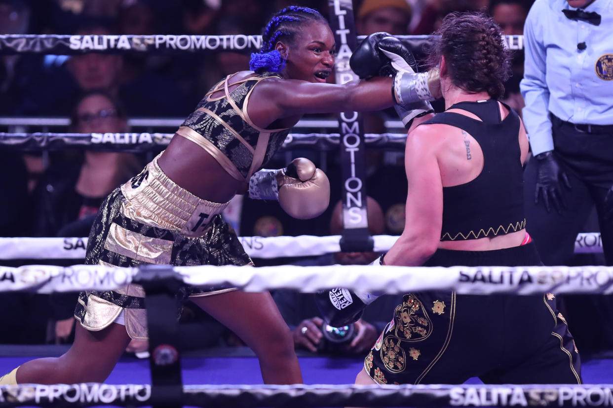 ATLANTIC CITY, NJ - JANUARY 10: Claressa Shields lands a right hand against Ivana Habazin during their fight on January 10, 2020 at Ocean Casino Resort in Atlantic City, New Jersey. (Photo by Edward Diller/Getty Images)