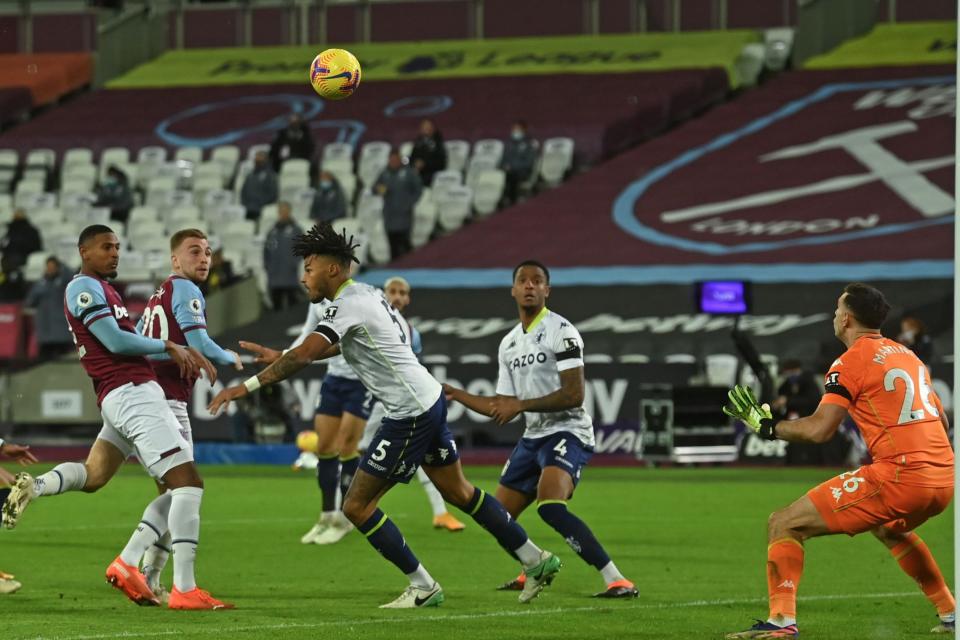 <p>Bowen heads home what proved to be the winning goal for West Ham against Aston Villa</p>POOL/AFP via Getty Images