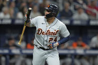 Detroit Tigers' Miguel Cabrera reacts after flying out against Tampa Bay Rays starting pitcher Shane McClanahan during the sixth inning of a baseball game Tuesday, May 17, 2022, in St. Petersburg, Fla. (AP Photo/Chris O'Meara)
