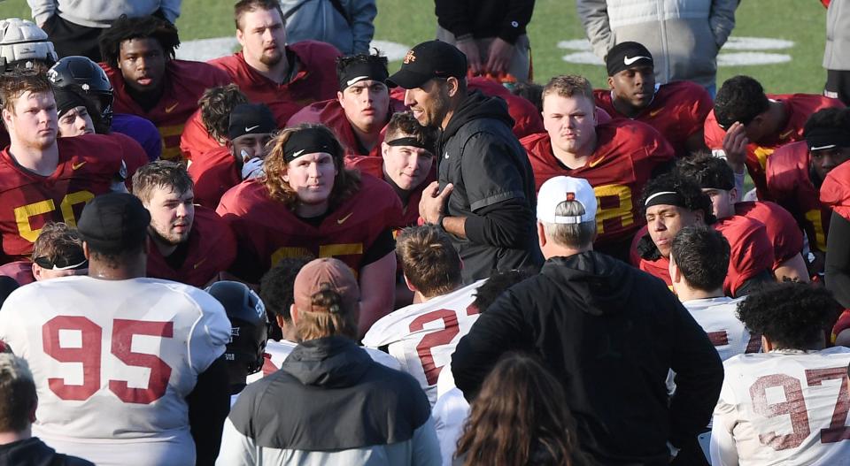 Iowa State football coach Matt Campbell speaks to his team following a spring practice last month at Ames High School.