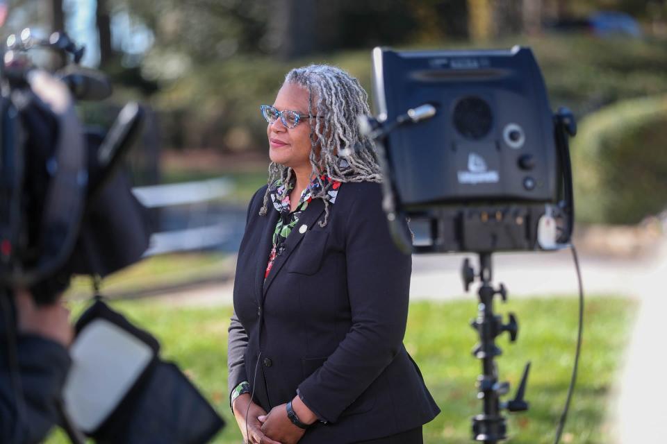 Nov 27, 2023; Atlanta, GA, USA; Meredith Evans, director of the Carter Presidential Library and Museum, speaks with the media on Monday, November 27, 2023 in Atlanta Georgia. Former first lady Rosalynn Carter died Sunday, Nov. 19, 2023 at her home in Plains, Ga. at the age of 96.. Mandatory Credit: Richard Burkhart-USA TODAY