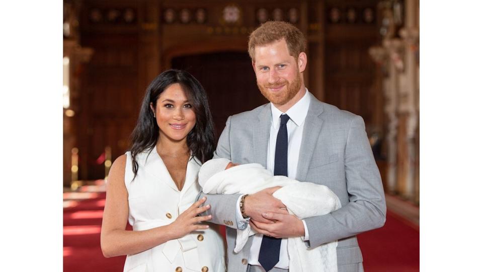 Meghan and Harry with baby  in St George's Hall at Windsor Castleafter she gave birth to Archie at The Portland Hospital