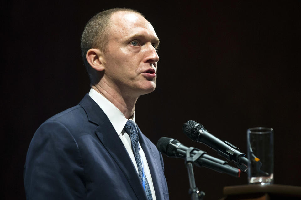 Carter Page, then an adviser to presidential candidate Donald Trump, speaks at the graduation ceremony for the New Economic School in Moscow in July 2016. (AP Photo/Pavel Golovkin)