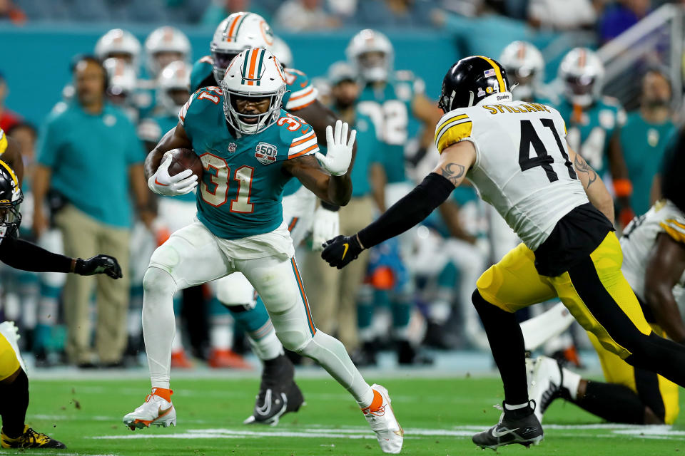 Raheem Mostert has been solid for the Dolphins and fantasy managers since taking over as the primary back. (Photo by Megan Briggs/Getty Images)