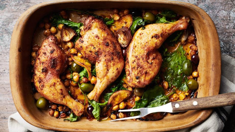 baked chicken legs with chickpeas olives and greens