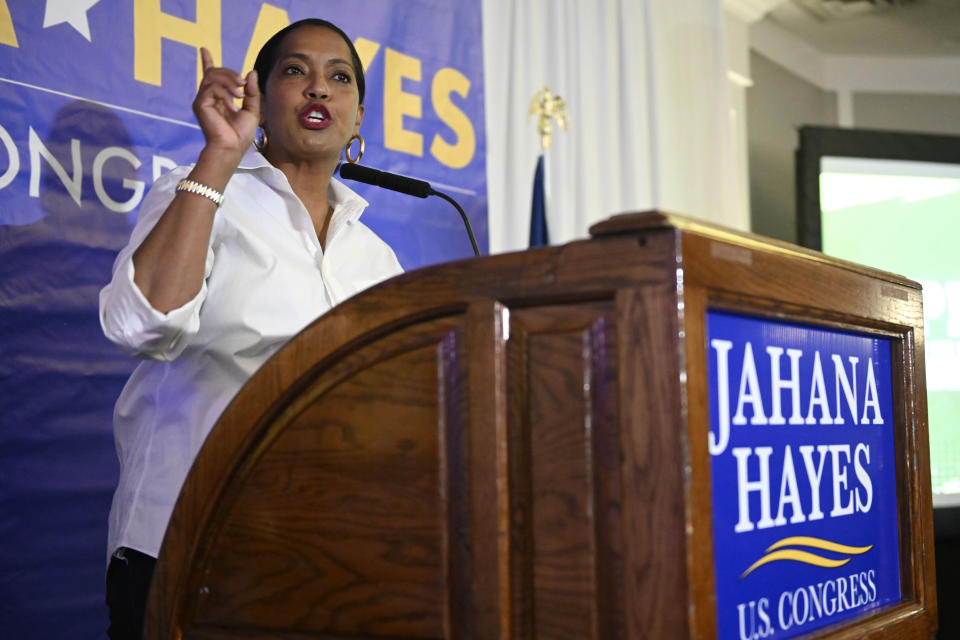United States Rep. Jahana Hayes, D-Conn., speaks to supporters at her election night event in Waterbury, Conn., Tuesday, Nov. 8, 2022. Hayes is running for reelection in Connecticut's fifth congressional district against Republican House candidate George Logan. (AP Photo/Jessica Hill)